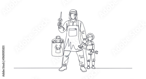 Father and son mechanics in line art, holding tools, black and white