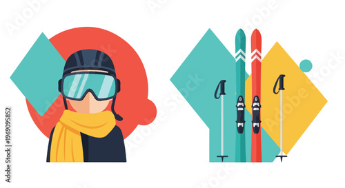 An illustrative vector showcasing a skier with goggles and a scarf alongside a pair of skis and poles against a geometric backdrop.
