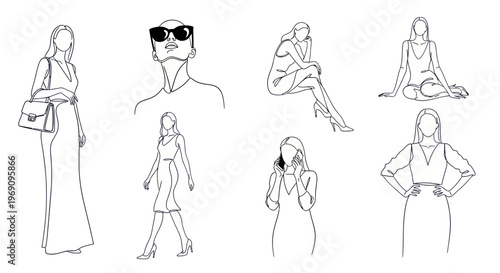 Fashionable Women Poses Line Art Vector - Elegant Style