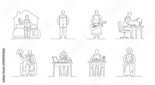 Black and White Line Art of People in Various Activities