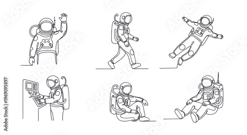 Astronaut Line Art: Six Poses, Outer Space Exploration, Science, Technology