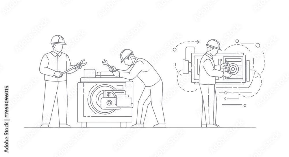 Fototapeta premium Engineers fixing machinery, line art, industry, repair, teamwork