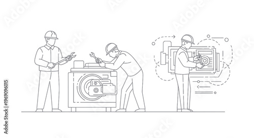 Engineers fixing machinery, line art, industry, repair, teamwork