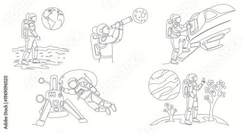 Astronauts in Space Exploring Planets and Spaceship - Black and White Line Art