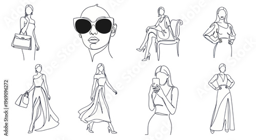 Minimalist Line Art Women Fashion Poses Handbag Sunglasses Dress