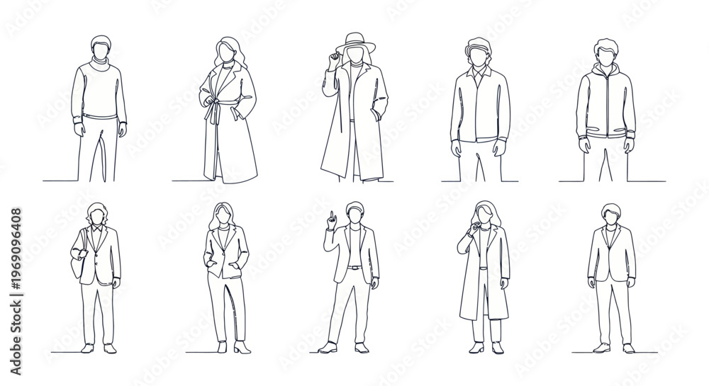 Obraz premium Black and White Line Art of People in Winter Fashion