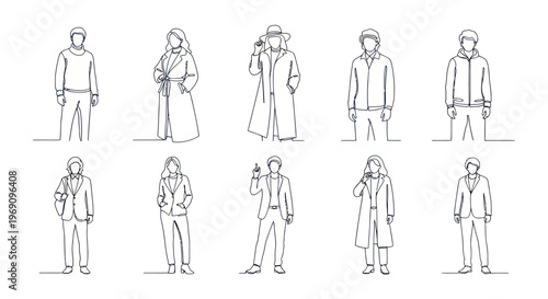 Black and White Line Art of People in Winter Fashion