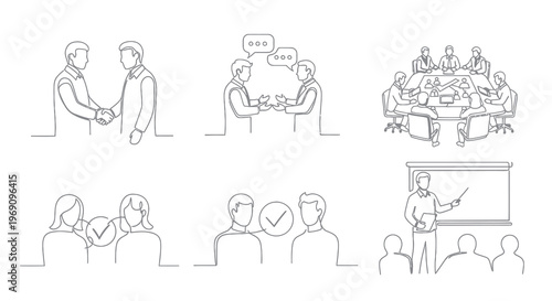 Business meeting icons: handshake, presentation, discussion, teamwork