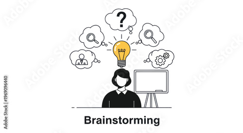 Brainstorming - Person with lightbulb, whiteboard, thinking bubbles