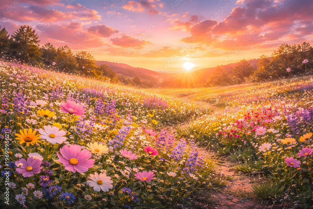 Fototapeta premium 夕焼けに染まる春の花畑 暖かい光の風景背景