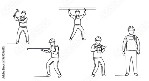 Construction worker icons, line art, builders with tools, industry