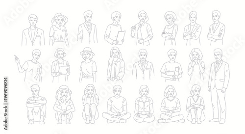 Black  White Line Art Diverse People Characters Standing Sitting Stock Illustration