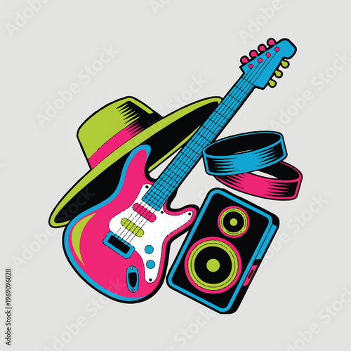 Stylized electric guitar, speaker, and hat representing music and lifestyle, with a playful color scheme, party time