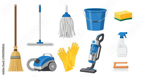 Flat Design Cleaning Supplies - Broom, Mop, Vacuum, Bucket, Sponge, Gloves