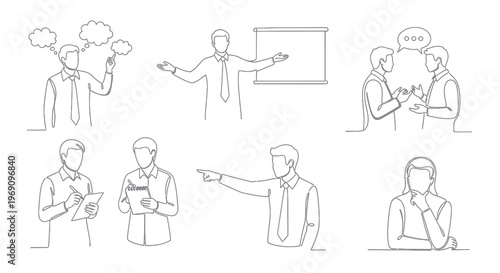 Business Meeting Line Art Icons: People, Presentation, Dialogue