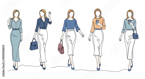 Fashionable businesswomen in stylish outfits, line art, vector illustration