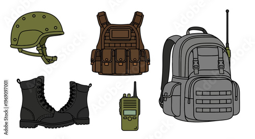 Military Tactical Gear Flat Vector Icon Set with Helmet, Vest, Boots, Backpack and Radio