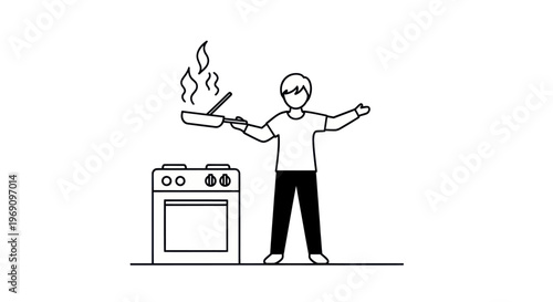 Man cooking on stove with burning pan, line art