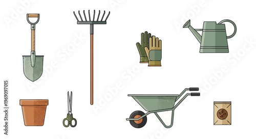 Flat illustration of gardening tools, shovel, rake, pot, scissors, gloves, watering can, wheelbarrow, seed bag