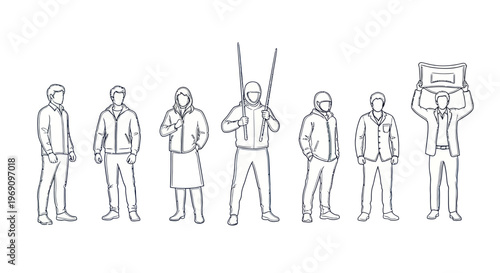 Black and White Line Art of People Holding Protest Signs