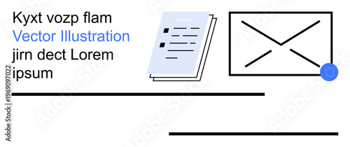 Digital communication, information sharing, email marketing, content management, correspondence, and messaging. A document and an envelope icon with text placeholders. Digital communication