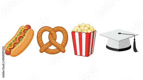 Assortment of snack foods and graduation cap on a white background with hot dog with fast food with junk food