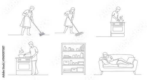 Line Art Woman Sweeping Floor, Cooking, and Relaxing on Sofa