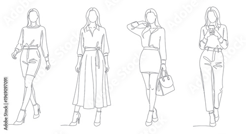 Fashion Line Art: Four Women in Stylish Outfits, Vector Illustration