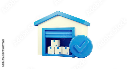 Warehouse with boxes and a checkmark icon