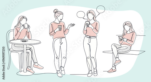 Line art of four women socializing and using phones at a cafe