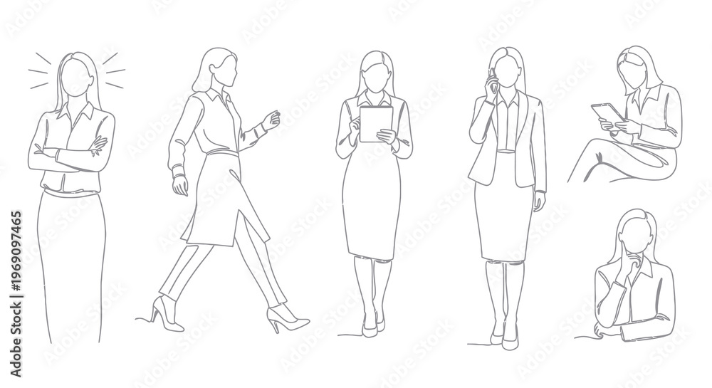 Fototapeta premium Businesswomen Line Art - Diverse Poses, Professional Women