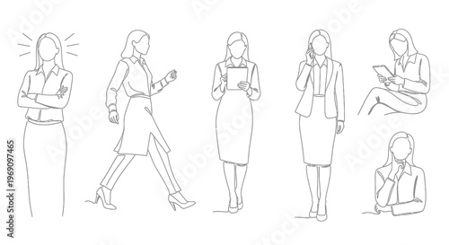 Businesswomen Line Art - Diverse Poses, Professional Women