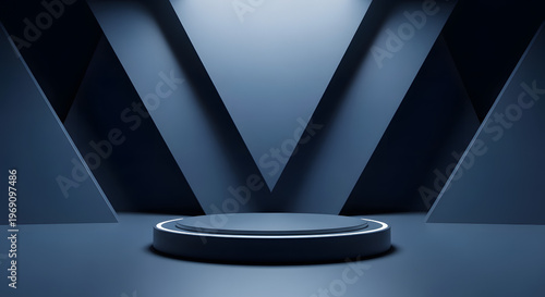 Modern futuristic stage with circular platform and blue lighting background