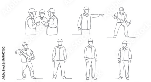 Construction Workers Line Art: Teamwork, Safety, Tools, and Manual Labor