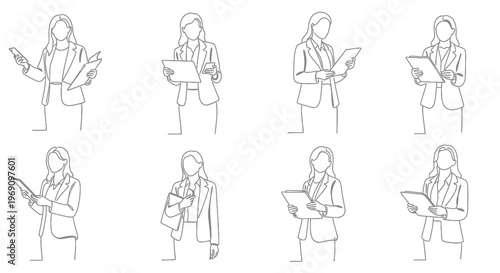 Businesswoman Line Art: Holding Document, Phone, Tablet, Report