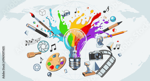 A vibrant illustration of a lightbulb surrounded by creative tools and artistic symbols in a colorful splatter, set against a subtle background.