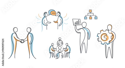 Business Meeting and Teamwork Vector Icons - Line Art