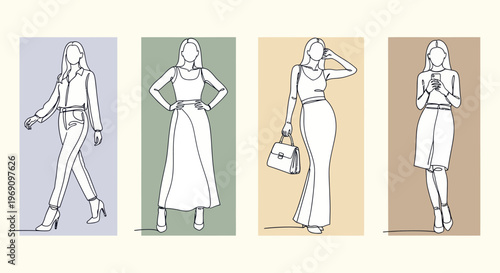 Fashion Line Art: Four Women in Stylish Outfits, Vector Graphics