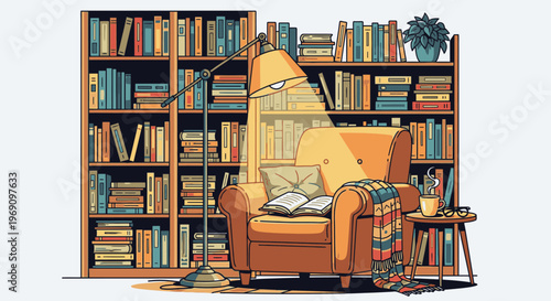Illustration of a cozy reading nook with a comfortable armchair, floor lamp, and bookshelves in warm tones.