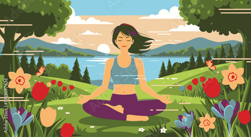 Woman in yoga pose sits cross-legged on grass surrounded by colorful flowers and trees with a serene lake and mountain range in background.