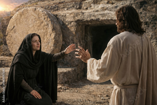 Resurrected Jesus Christ and Mary Magdalene at the empty tomb on Easter morning, biblical 'Noli me tangere' scene, cinematic lighting.