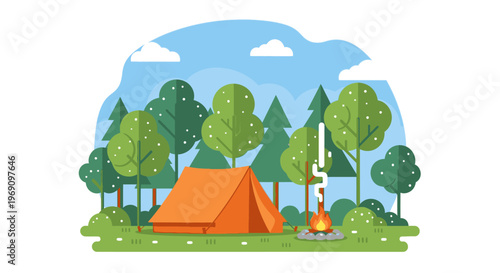 Flat illustration of an orange tent with a campfire in front, surrounded by trees and bushes against a blue sky with clouds.