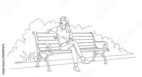 Woman on Park Bench Line Art - Recreation  Lifestyle