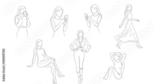 Black  White Line Art of Women Poses, Fashion, Lifestyle, Stock Illustration