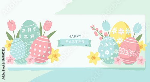 Colorful Easter-themed banner with decorated eggs, tulips, and flowers on a white background with pastel green accents.