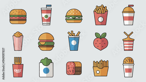 Assorted fast food icons set with french fries with hot dog with food cart with junk food with flat design with convenience food with comfort food