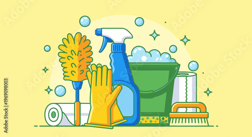 Flat lay illustration of cleaning supplies including a bucket, spray bottle, and scrub brush on a yellow background with a bright and cheerful mood.