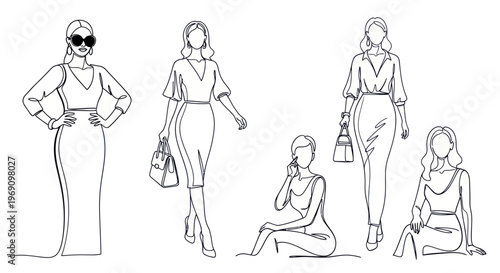 Fashion Line Art: Elegant Women Poses, Stylish Outfits, Accessories