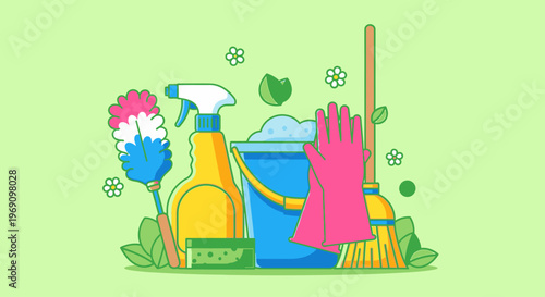 Flat lay illustration of colorful cleaning supplies and tools on a light green background with leaves and suds.