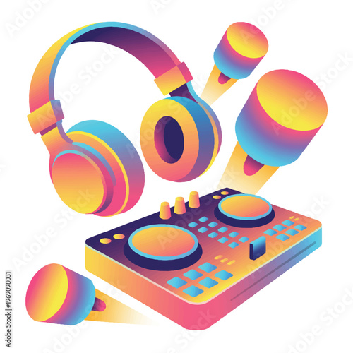 Dj equipment and headphones with colorful gradient with disc jockey with sound system with audio equipment with music production